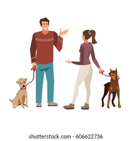 Young people ( guy and girl) talking while walking their dogs.  Vector illustration of people with pets isolated on white  background.