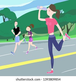 Young people, a guy and a girl, train outdoors, morning jogging, jogging by the park, marathon, active healthy lifestyle, cartoon characters, color illustration in vector