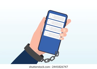 Young people with handcuff chained with mobile phone with chat and social media applications, homophobia or no mobile phone phobia, smartphone and social media addicted or fear of missing out (Vector)