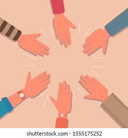 young people hands group round together, human arms, community, unity, celebration, friendship, teamwork concept isolated background. cartoon flat vector illustration