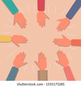 young people hands group round together, community, unity, celebration, friendship, teamwork concept. cartoon flat vector illustration