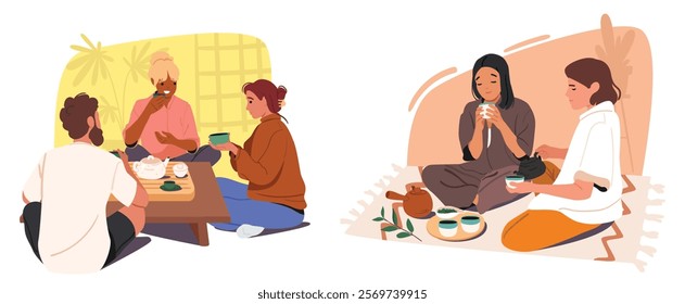 Young people happy friends group chatting relaxing during asian tea ceremony at oriental restaurant vector illustration scene set. Men and women drinking aroma beverage enjoying warm meeting