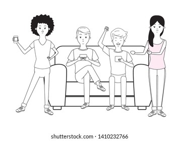 young people happy friends using technology smartphone device cartoon vector illustration graphic design