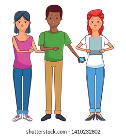 young people happy friends using technology smartphone and tablet devices cartoon vector illustration graphic design