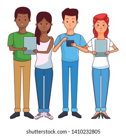 young people happy friends using technology smartphone and tablet devices cartoon vector illustration graphic design