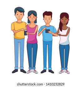 young people happy friends using technology smartphone device cartoon vector illustration graphic design
