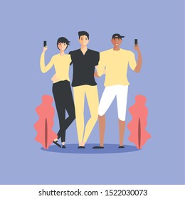 young people happy with leafs nature vector illustration design