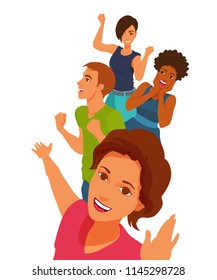 Young people happy, point out by a hand, surprised, glad, smiling. Boy and girls feel joy, excitement. Group of teenagers. Vector colorful cartoon flat style illustration. Vertical arrangement design.