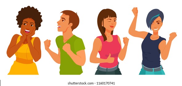 Young people happy, showing gestures, thumb up by hands, surprised, glad, smiling. Boy and girls feel joy, excitement. Group of teenagers. Vector colorful cartoon colorful flat style illustration set.