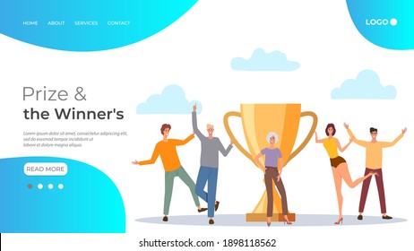 Young people are happy to win the prize and the Winner's Cup.The concept of joint struggle, problem solving and the joy of victory.Flat vector illustration.The template of the landing page.