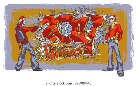 Young people in hats of Santa Claus writing graffiti. Drawn 2017 and Merry Christmas. Merry Christmas and Happy New Year 2017 greeting card, vector illustration