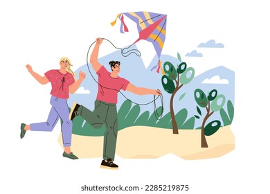 Young people have fun with air kite. Summer activity and active sport games outdoor, flat cartoon vector illustration isolated on white background. Romantic youth characters, young man and woman.