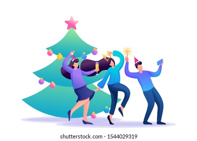 Young people have fun near the Christmas tree, laughing, dancing, taking pictures. Flat 2D character. Concept for web design