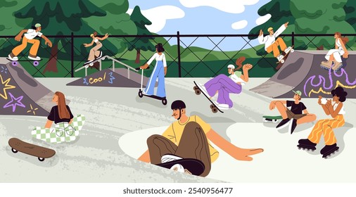 Os jovens se divertem no skate park. Skatistas andando em pranchas no skate. Homens e mulheres em capacetes saltando, fazer truques, acrobacias em skates em rampas. Esporte de rua extremo. Ilustração de vetor plano