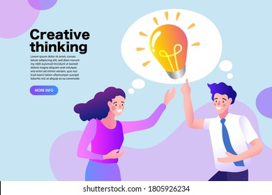 Young people have idea. Business man and woman, colleagues, work together. Great idea is in form of a light bulb. vector illustration.