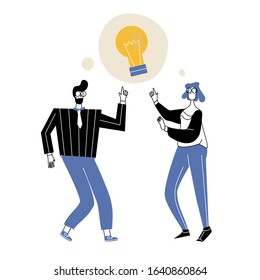 Young people have idea. Couple having solution, ideas lamp bulb metaphor in speech bubble above. Solved question. Creative thinking. Man and woman on white background.Vector flat illustration