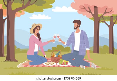 Young people have a romantic picnic in the city park vector illustration