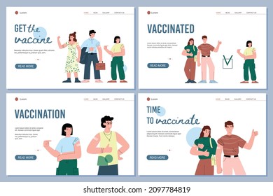 Young people have vaccinated, COVID-19 vaccine flat cartoon vector concept. Group of hipsters in trendy clothes have bandage on their arms after getting vaccine shot. Time to vaccinate banner.