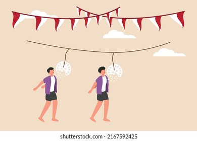 Young people are having a cracker eating competition celebrating the concept of Indonesian Independence Day. Flat vector illustration isolated.