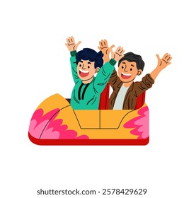 Young people having fun in an artacion park. People riding roller coaster. Hilarity. Flat illustration on white background.