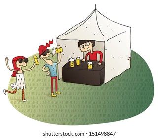 Young people having fun drinking beer vignette illustration. Illustration is hand drawn, elements are isolated and is in eps10 vector mode. 