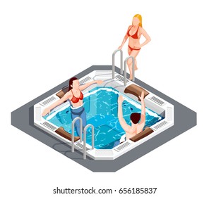 Young people having fun in hot tub at water park on white background 3d isometric vector illustration