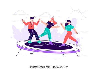Young people having fun jump and bouncing. Happy teens jumping on trampoline, friends cheering. Cartoon flat vector illustration