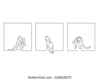 Young people having fun in line art drawing style. Composition of three persons gesturing. Black linear sketch isolated on white background. Vector illustration design.