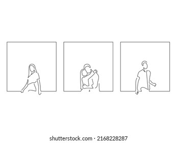 Young people having fun in line art drawing style. Composition of three persons gesturing. Black linear sketch isolated on white background. Vector illustration design.