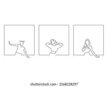 Los jóvenes se divierten en el estilo de dibujo de arte en línea. Composición de tres personas con gestos. Esbozo lineal negro aislado sobre fondo blanco. Diseño de ilustración vectorial.