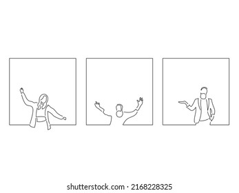 Young people having fun in line art drawing style. Composition of three persons gesturing. Black linear sketch isolated on white background. Vector illustration design.