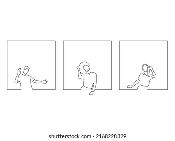 Young people having fun in line art drawing style. Composition of three persons gesturing. Black linear sketch isolated on white background. Vector illustration design.