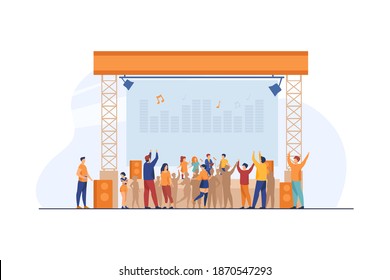 Young people having fun on children concert. Performer, stage, festival flat vector illustration. Entertainment and music concept for banner, website design or landing web page