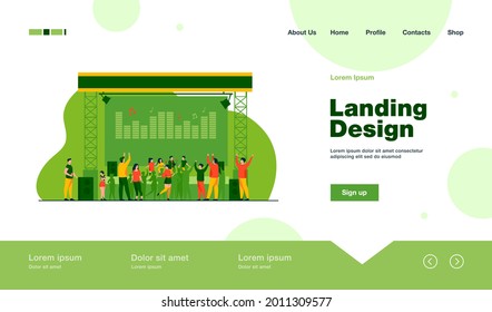 Young people having fun on children concert. Performer, stage, festival flat vector illustration. Entertainment and music concept for banner, website design or landing web page