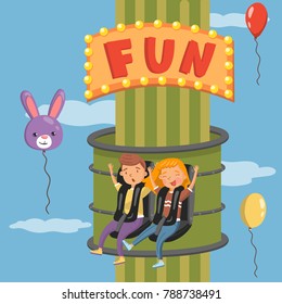 Young people having fun on launched freefall attraction in amusement park vector illustration, design element for poster or banner