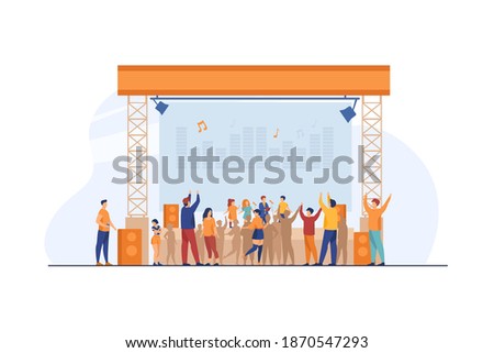 Young people having fun on children concert. Performer, stage, festival flat vector illustration. Entertainment and music concept for banner, website design or landing web page