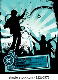  young people having fun at the party. summer season grunge vector illustration with banner for your sample text