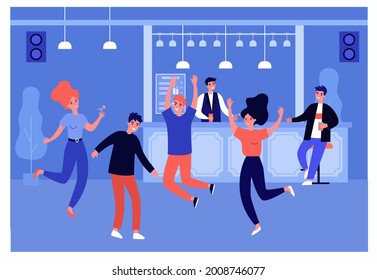 Young people having fun at party in bar. Flat vector illustration. Women and men, friends dancing to loud music with cocktails. Fun, party, disco, alcohol, holiday, youth concept for banner design