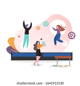 Young people having fun while bouncing on trampoline, vector illustration. Trampoline for adults, sport and recreation concept for web banner, website page etc.