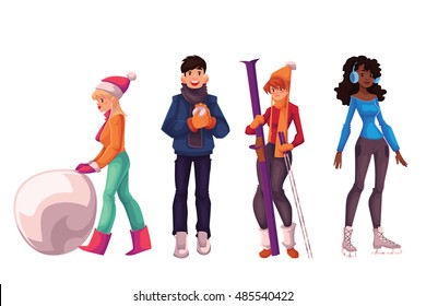 Young people having fun with winter activities, cartoon style vector illustration isolated on white background. Boys and girls making snowman, playing snowballs, skiing and ice scating