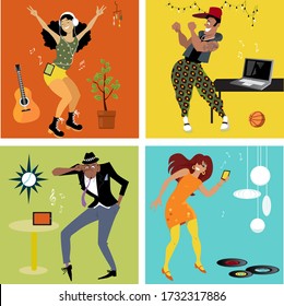 Young People Having An Online Dance Party Staying Home And Practicing Social Distancing,  EPS 8 Vector Illustration