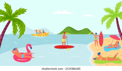 Young people having summer vacations on beach. Men floating on flamingo ring, drinking cocktail and lying under umbrella. Women reading book, holding surfboard. Characters riding on banana vector