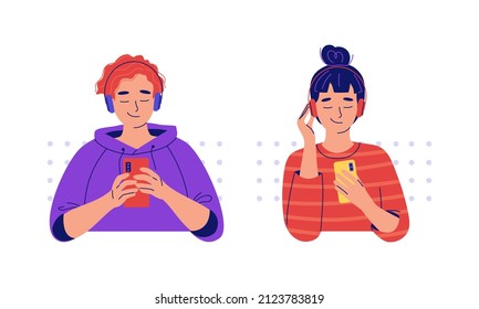 Young People With Headphones Listening A Music Or Podcast From Phone. Concept Of Online Playback Of Audio Recordings Of A Blog, Broadcast, Lecture In The Phone. Flat Vector Illustration