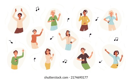 Young people in headphones listening music, dancing music lovers. Happy characters dance to fav song wearing earphones or music column flat vector illustration set. Teen music lovers
