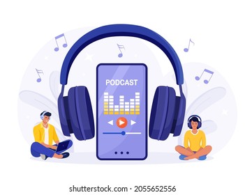 Young people in headphones sitting on the floor and listening to podcast on a smartphone. Online podcasting show, radio. People listening speakers from broadcasting station. Webinar, internet training
