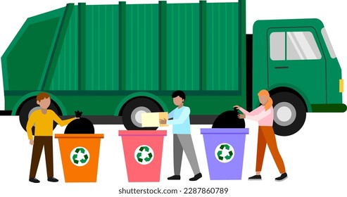 Young people help clean up the city from garbage Sort garbage into containers People fight for the cleanliness of the streets and for the ecology of the environment Vector