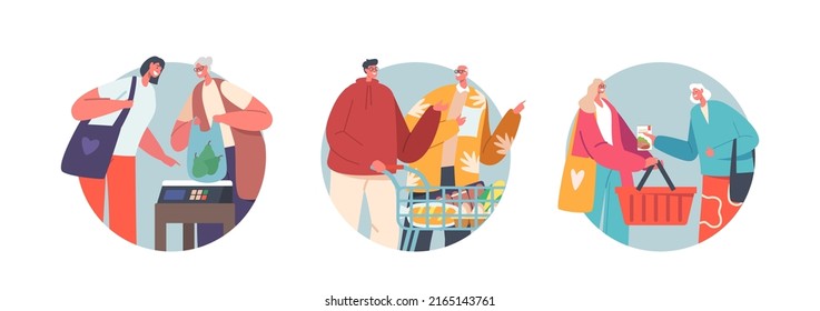 Young People Help Elderly Characters Shopping in Grocery Store Isolated Round Icons. Volunteers Support Aged Pensioners, Assist Aged Men and Women to Buy Products in Shop. Cartoon Vector Illustration