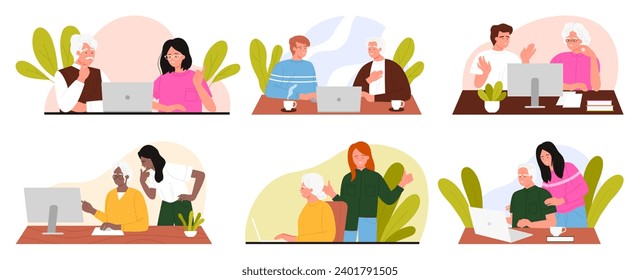 Los jóvenes ayudan y enseñan a los ancianos a trabajar en la ilustración vectorial de un conjunto de computadoras. Caricatura en escenas aisladas con nietos y abuelos, apoyo familiar para personajes ancianos usa PC en retiro