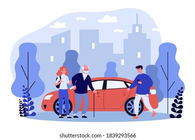 Young people helping aged person with sitting down in taxi. Assistance, trip. Flat vector illustration. Driver service concept can be used for presentations, banner, website design, landing web page