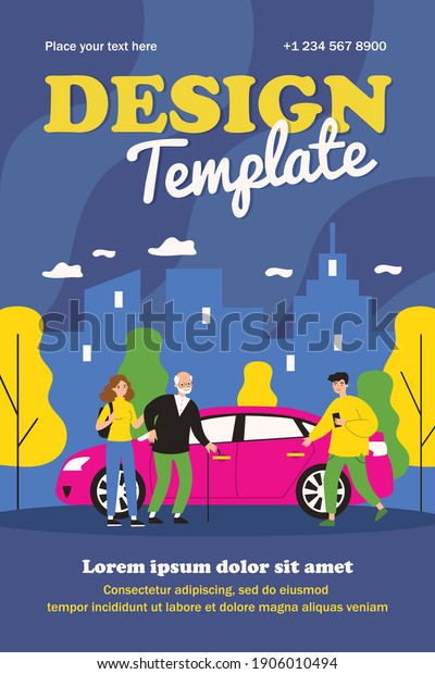 Young people helping aged person with sitting down\
in taxi. Assistance, trip. Flat vector illustration. Driver service\
concept can be used for presentations, banner, website design,\
landing web page